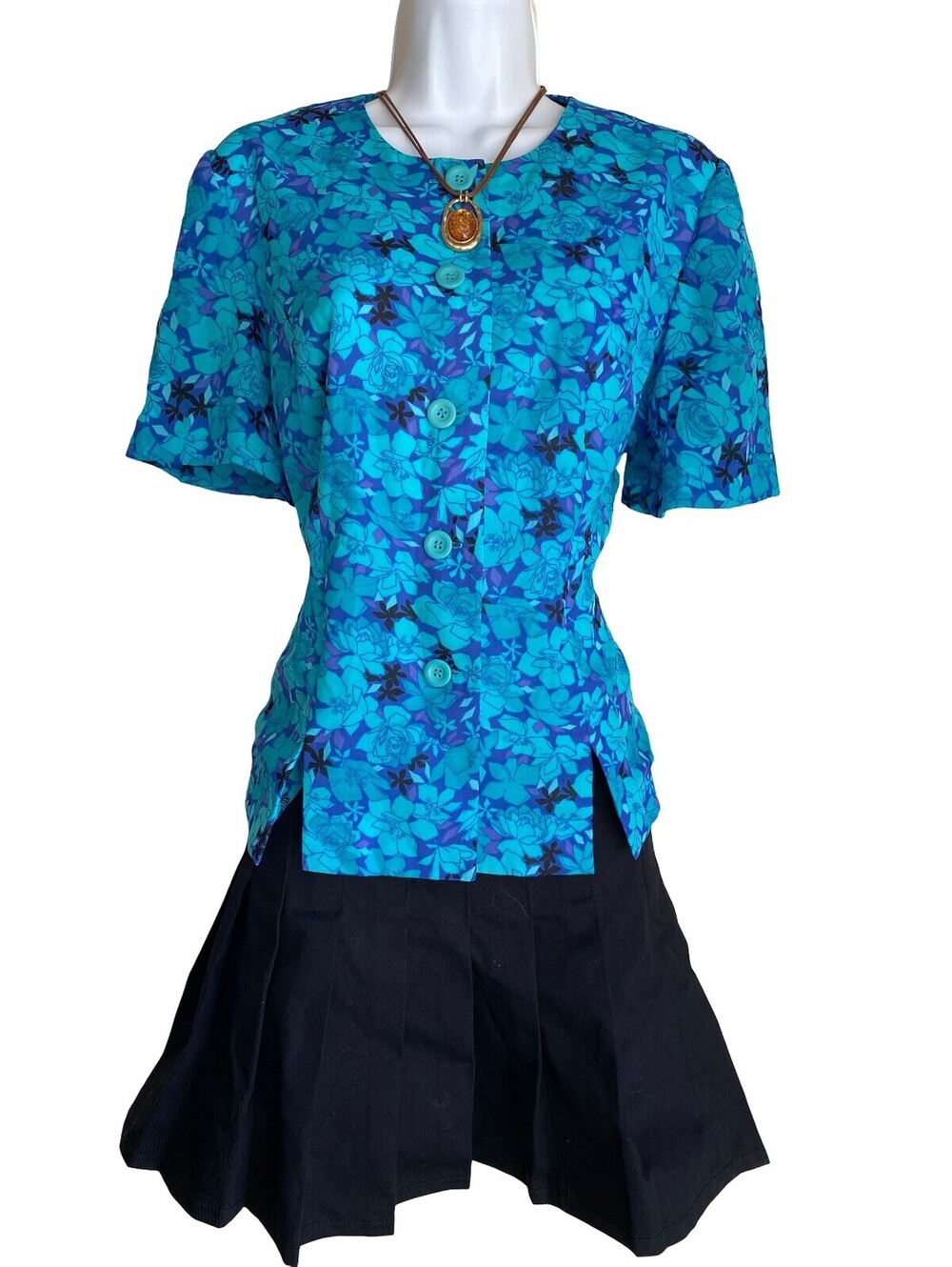 Vintage Leslie Fay Plus 10 Blue Floral Button Up Blouse Boho Cottagecore VTG